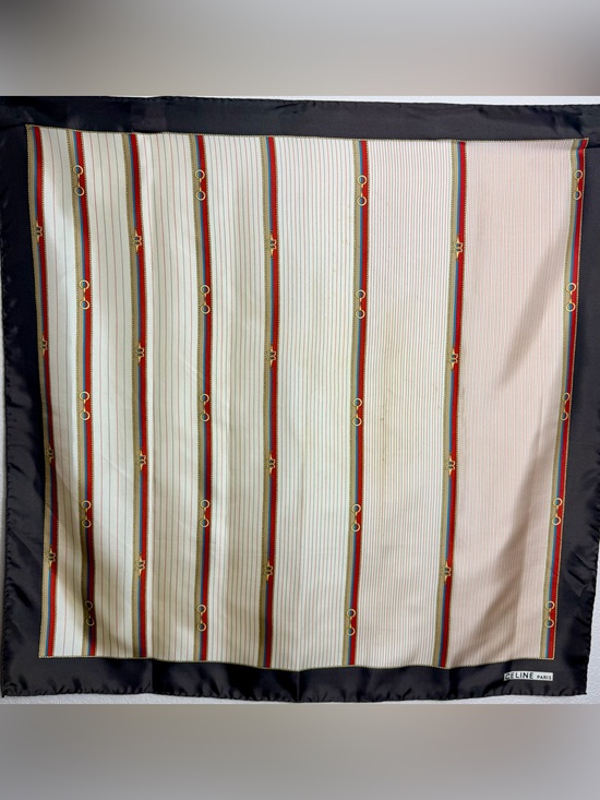 Celine Accessories - Celine Cream Horse Bit Silk Scarf with Red and Blue Stripe & Brown Border